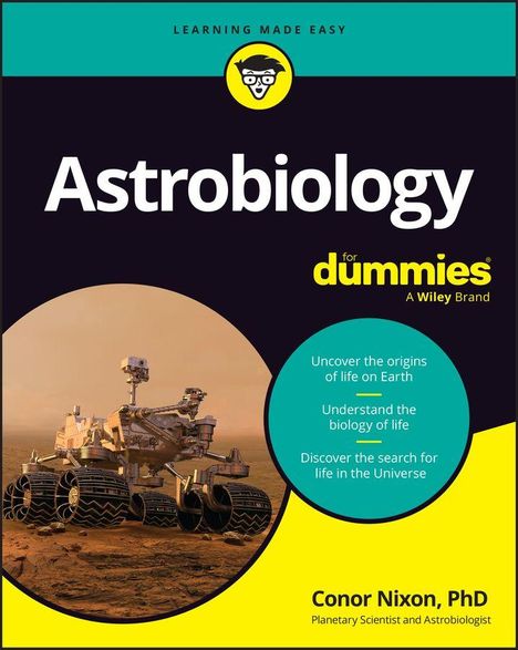 Text: "Astrobiology for dummies", "Uncover the origins of life on Earth". Illustration: Ein Rover fährt auf einer Marslandschaft.