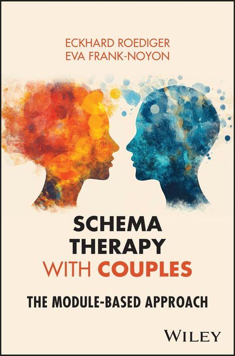Zwei farbige Silhouetten in Profilansicht, links rot-orange, rechts blau. Text: "Schema Therapy with Couples".