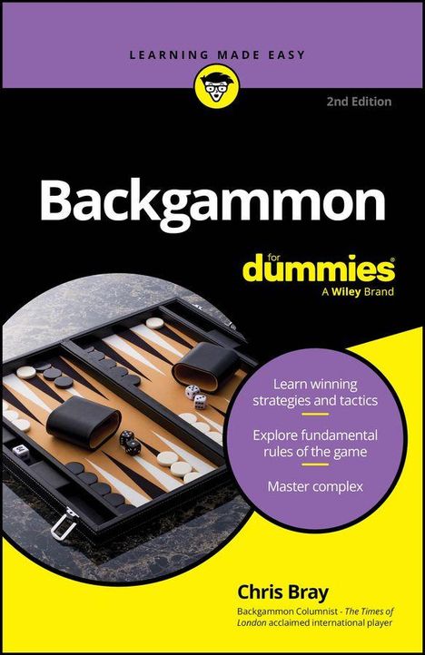 Ein Buchcover mit "Backgammon for dummies," Backgammon-Spielbrett, und Infos zu Strategien und Turnieren. Autor: Chris Bray.