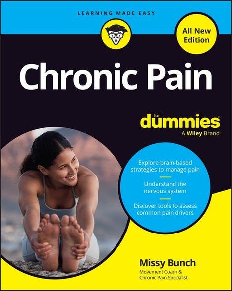 "Chronic Pain for dummies." Frau dehnt sich, lächelt. Text über Schmerzmanagement und Nervensystem.