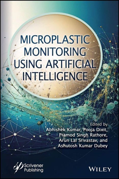 Titel: "MICROPLASTIC MONITORING USING ARTIFICIAL INTELLIGENCE". Bunte Netzwerke bilden einen abstrakten Hintergrund.