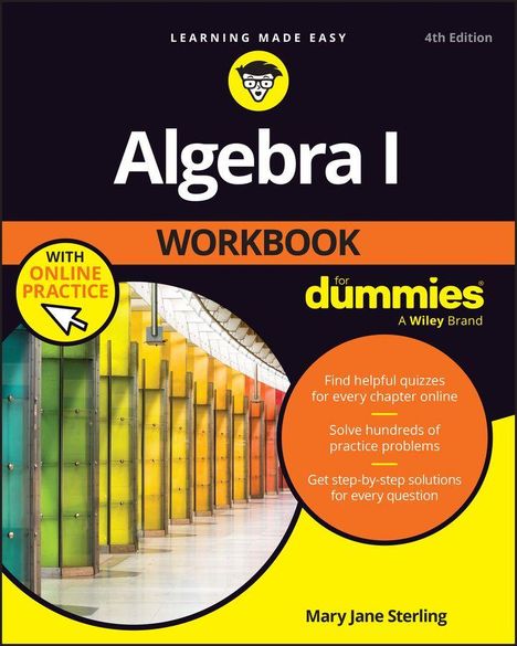 "Algebra I Workbook for Dummies", mit Quizzes online. Logo mit Comic-Gesicht. Bunte, moderne Architektur im Hintergrund.