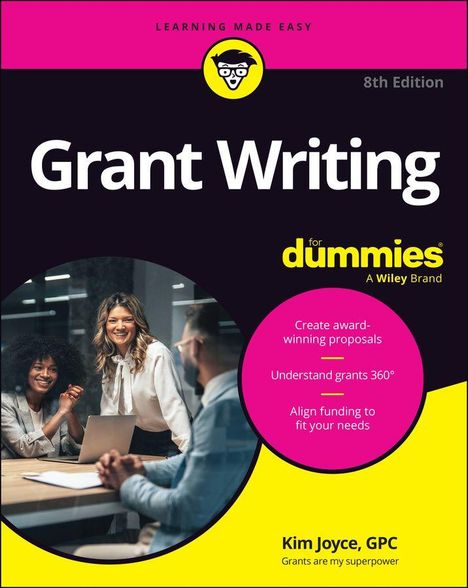 „Grant Writing for dummies“. Tipps wie „Create award-winning proposals“. Drei lächelnde Personen um einen Tisch.