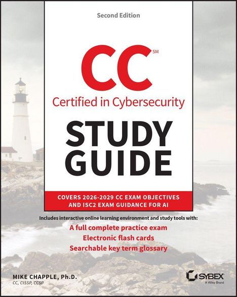 "CC Certified in Cybersecurity STUDY GUIDE" auf weißem Hintergrund. Enthält Prüfungsvorbereitung und Lerntools. Links Leuchtturm.