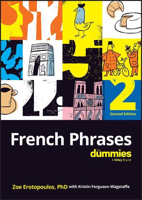 "French Phrases for Dummies, Second Edition." Illustrationen von Paris, Hähnchen und Baguette, verspielte bunte Collage.