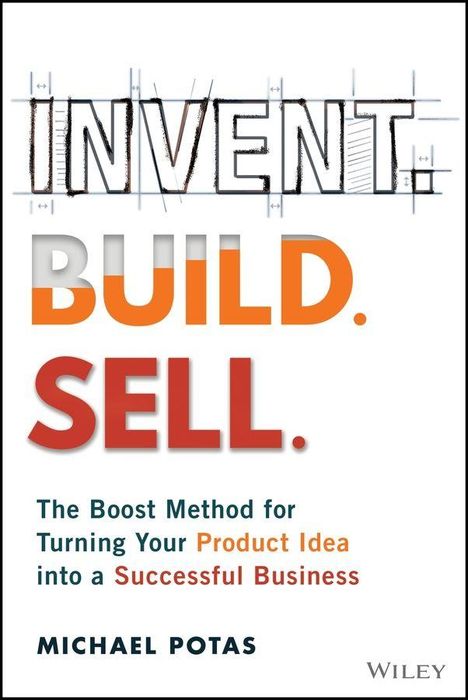 „INVENT. BUILD. SELL.“ Stilvoller Buchtitel auf grauem Hintergrund. Autor: Michael Potas. Erscheint professionell.