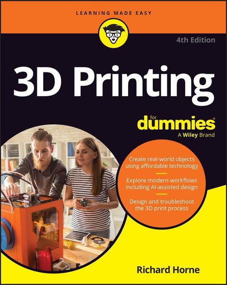 "3D Printing for dummies," gelbes Logo, ein Mann und eine Frau betrachten einen 3D-Drucker.