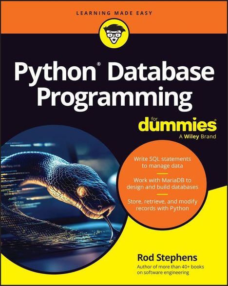 "Python Database Programming for dummies" steht im Mittelpunkt. Links ist eine Illustration einer großen Schlange.