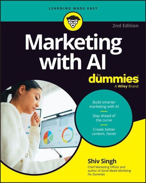 Marketing with AI for dummies. Bild: Frau betrachtet Diagramme auf einem Bildschirm. Autor: Shiv Singh.