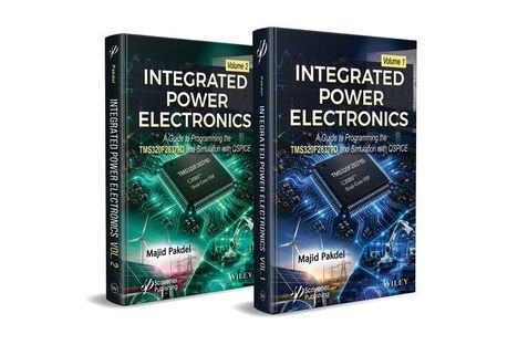 Text: "INTEGRATED POWER ELECTRONICS, TMS320F28379D, Majid Pakdel." Microchip auf Leiterplatte, Windräder, Roboterarm.