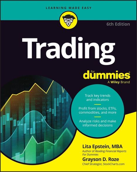"Trading for dummies" mit Autorennamen, Grafik von Aktienkursen im Hintergrund, gelbes "Dummies"-Logo oben.