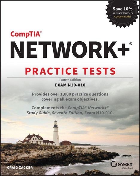 Text: "CompTIA Network+ Practice Tests, Fourth Edition, Exam N10-010." Küstenlandschaft mit Leuchtturm im Hintergrund.