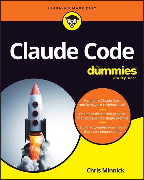 Text: Claude Code for Dummies. Configure Claude Code and keep your codebase safe. Illustration eines startenden Raketen.