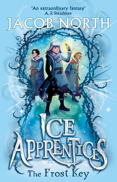 "Jacob North. Ice Apprentices. The Frost Key." Drei Figuren in Winterkleidung, umrahmt von eisigen Ranken. Fantasy-Stil.