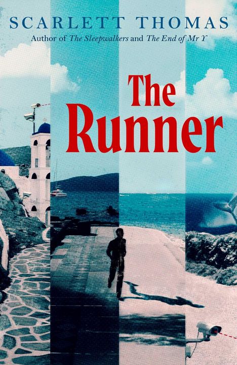 "The Runner" in großer roter Schrift, darunter ein Läufer auf einer Küstenszene mit Kameras, blauem Meer und griechischer Architektur.