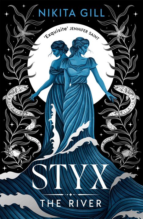 "STYX THE RIVER" weiß. Blauer Kreis: "FINAL COVER TO BE REVEALED". Darunter "NIKITA GILL" blau. Unten Logo: solstice.
