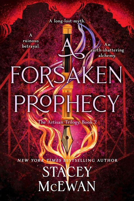 „A FORSAKEN PROPHECY“, Feuer umschlingt Feder, mit mystischen, roten Motiven und Gesichtern im Hintergrund.