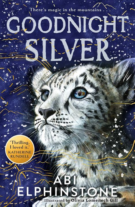 „There's magic in the mountains. GOODNIGHT SILVER“. Illustration eines Schneeleoparden mit blauem Hintergrund.