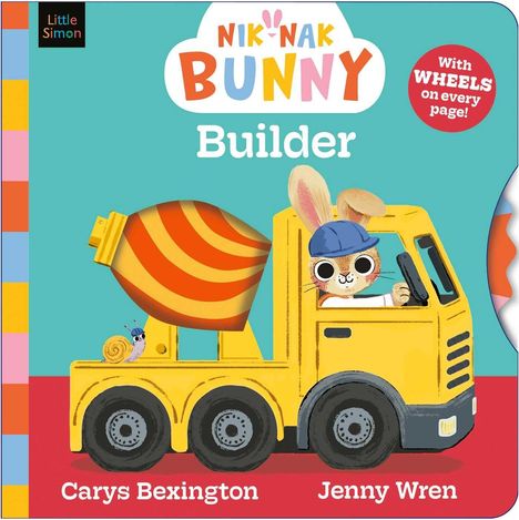 „Nik-Nak Bunny Builder“ zeigt einen Hasen in einem Bauhelm, der einen gelben Betonmischer fährt. Links unten eine Schnecke.