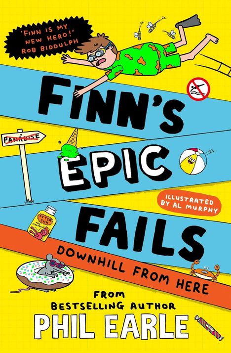 "Finn's Epic Fails: Downhill from Here" in großen Buchstaben. Illustration: Junge fliegt, Bienen, Mäuse. Bunter, comicartiger Stil.