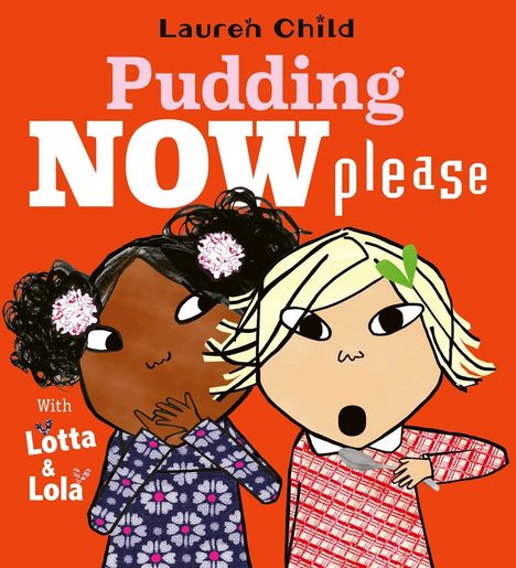 "Pudding NOW please" steht groß auf rotem Hintergrund. Zwei Kinder mit lebendigen Gesichtsausdrücken halten Löffel.