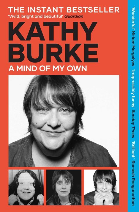 Titel: KATHY BURKE – A MIND OF MY OWN. Porträtfotos der lächelnden Frau, farbige Rahmen.
