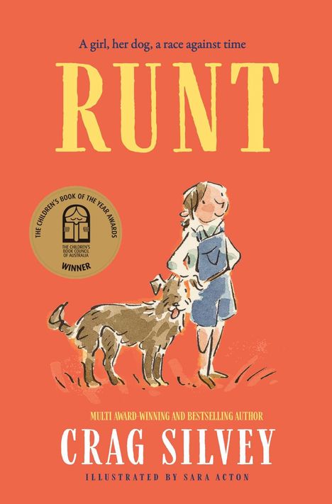 "RUNT", "A girl, her dog, a race against time". Illustration: Mädchen mit Hund, warmes Farbschema.