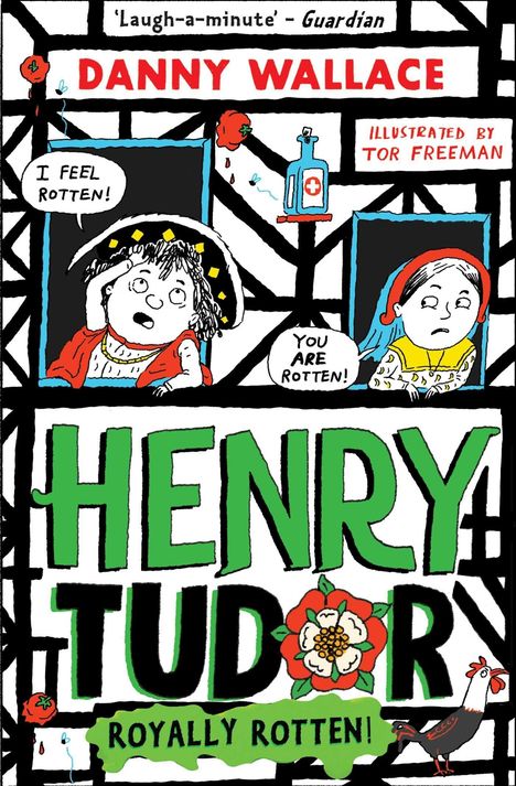 „HENRY TUDOR“, „BOOK 2 COMING SOON!“, „DANNY WALLACE“. Illustration mit roten Buchstaben und einer Tudor-Rose.