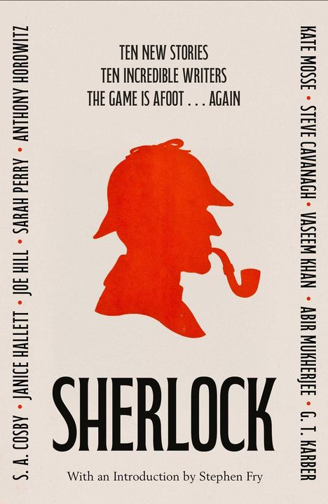 "Ten new stories, ten incredible writers. Sherlock" und rotes Profil von Sherlock Holmes mit Pfeife.
