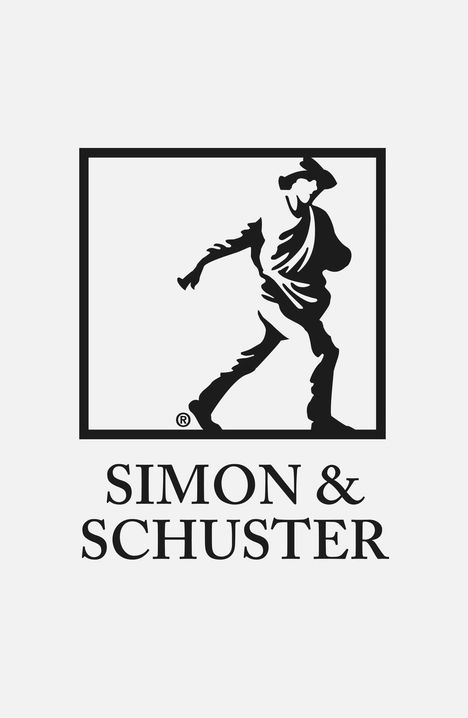„SIMON & SCHUSTER“ steht unter einer stilisierten Figur mit Hut, die einen Gegenstand wirft.