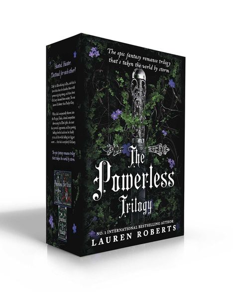 "The Powerless Trilogy" von Lauren Roberts. Dunkles, pflanzenumwobenes Design mit violetten Blumen.