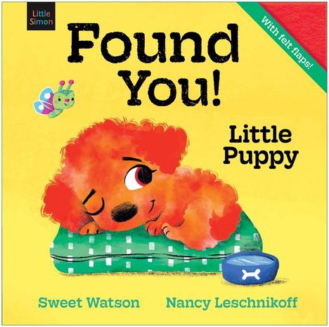 "Found You! Little Puppy" ist der Titel, darunter ein roter, lächelnder Welpe auf einem grünen Kissen.