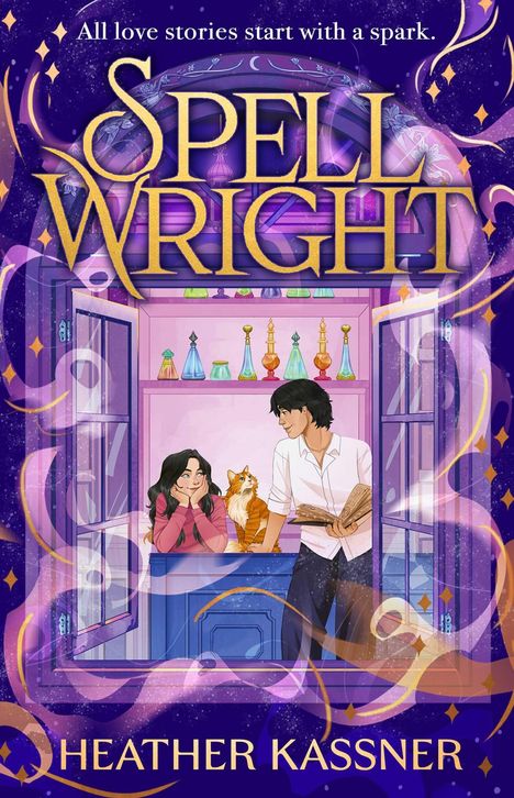 "Spellwright" in großen goldenen Buchstaben, darüber: "All love stories start with a spark." Illustration von zwei Personen mit Katze.