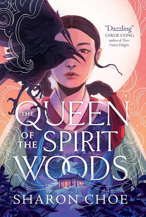 „The Queen of the Spirit Woods“. Eine Frau im traditionellen Gewand mit einem Raben und stilisierten Mustern um sie herum.