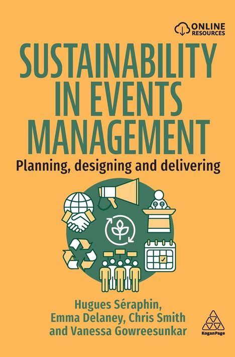 "Sustainability in Events Management" steht groß oben, gefolgt von "Planning, designing and delivering." Darunter Symbole.