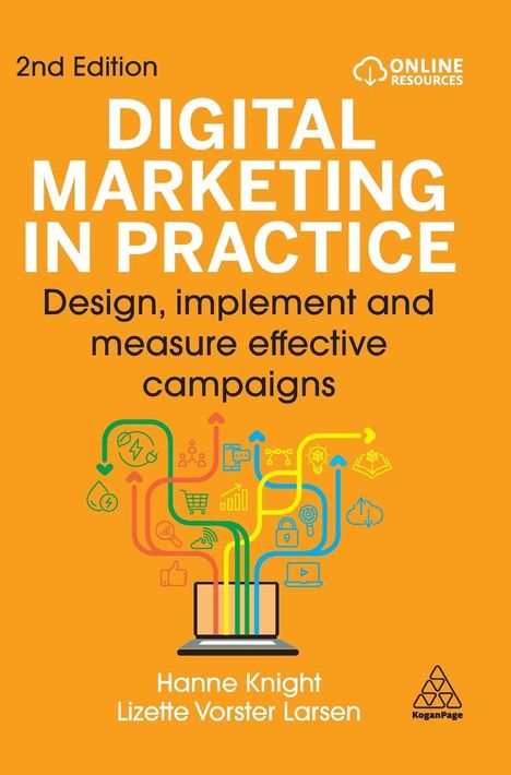 Titel "Digital Marketing in Practice", Autoren Hanne Knight und Lizette Vorster Larsen. Illustration mit Laptop und Icons.