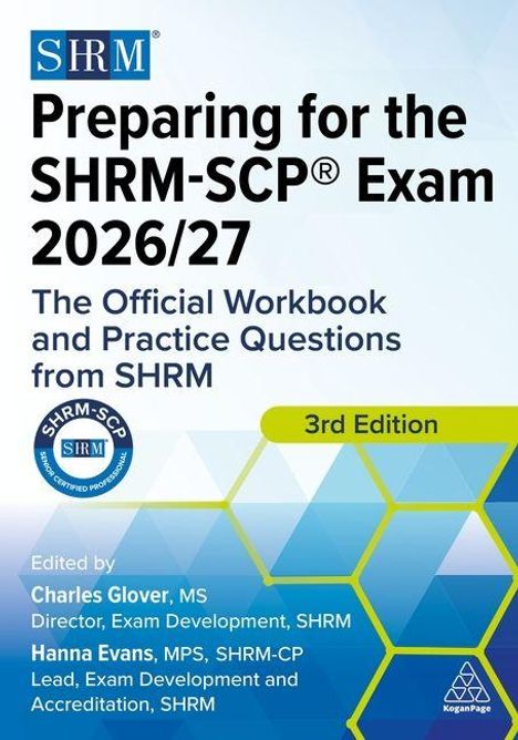 „Preparing for the SHRM-SCP Exam 2026/27, 3rd Edition“. Blau-grünes Hexagon-Muster, SHRM-Logo.
