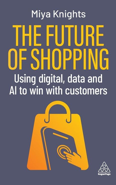 "Miya Knights. THE FUTURE OF SHOPPING. Using digital, data and AI to win with customers." Grafisches Einkaufstaschen-Symbol.
