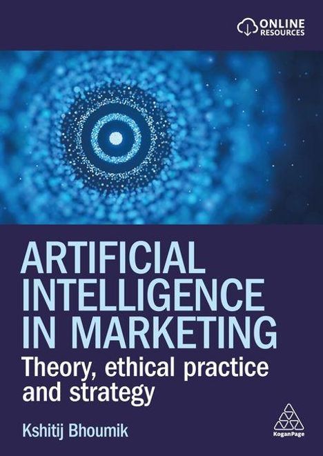 "Artificial Intelligence in Marketing: Theory, ethical practice and strategy." Oben ist ein Logo mit einem kreisförmigen blauen Muster.