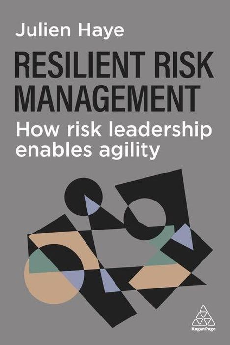 Julien Haye: Resilient Risk Management. Text in Weiß und Schwarz auf grauem Hintergrund, mit abstrakten Formen.