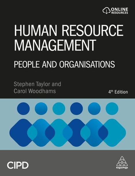 Text oben: "ONLINE RESOURCES". Titel: "HUMAN RESOURCE MANAGEMENT". Autoren: "Stephen Taylor und Carol Woodhams". Grafik: stilisierte blaue und türkise Figuren in einer Reihe.