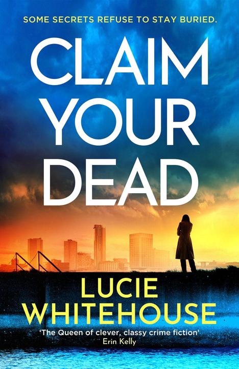 "Claim Your Dead" in großen weißen Buchstaben vor einem farbenfrohen Stadtbild mit dunkler Silhouette einer Person.