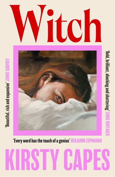 „Witch“ oben in Rot, „Kirsty Capes“ unten in Pink. Illustration einer Person, die auf einem Kissen liegt.