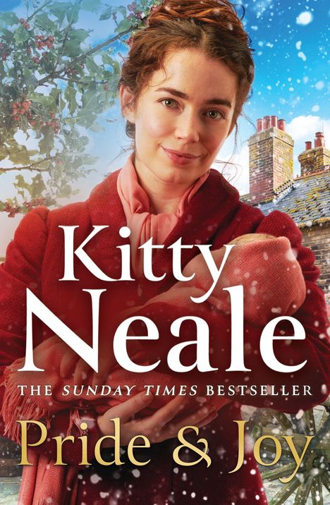"Kitty Neale: Pride & Joy" - Eine Frau in rotem Mantel hält ein Baby, umgeben von Schneeflocken und einem Haus im Hintergrund.