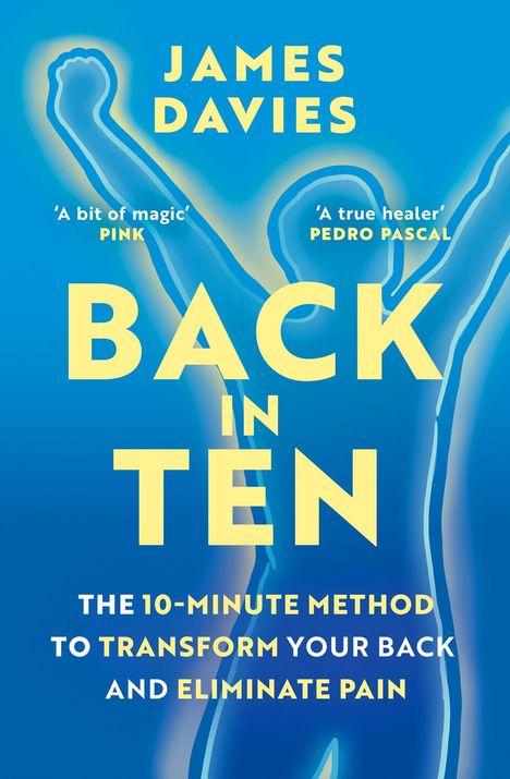 "BACK IN TEN", Buchcover mit Konturen eines jubelnden Menschen vor blauem Hintergrund, gelbe Schrift.