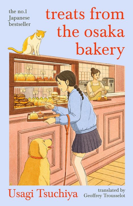 "treats from the osaka bakery" in roter Schrift. Illustration: Frau kauft Gebäck, Hund und Katze daneben.