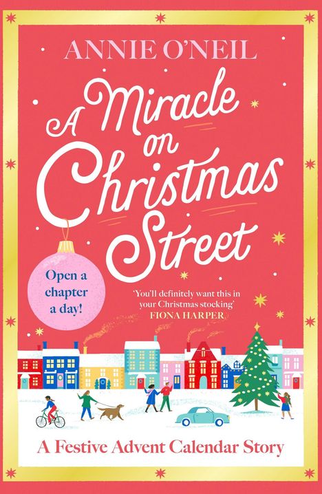"Buchtitel: 'A Miracle on Christmas Street'. Weihnachtsillustration mit Menschen, Häusern, einem Baum und Hund im Schnee."