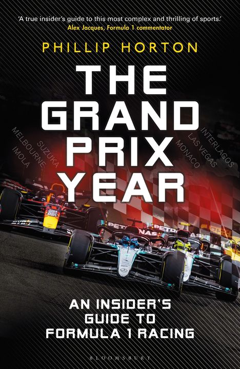 Bucheinband: "THE GRAND PRIX YEAR" von Phillip Horton. Formel 1 Autos in Aktion, dynamische Rennszene.