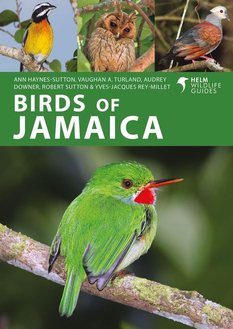 Text: "Birds of Jamaica" und Autoren. Vier Vögel, inklusive eines leuchtend grünen mit rotem Fleck am Hals.