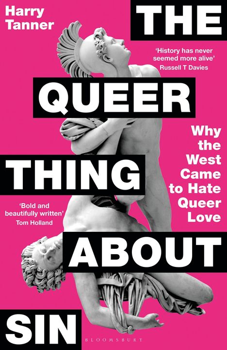 Der Titel lautet: "The Queer Thing About Sin". Zwei Statuen auf pinkem Hintergrund. Zitate: Russell T Davies, Tom Holland. Autor: Harry Tanner.